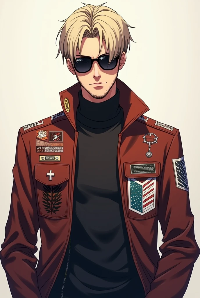 Anime guy with light beard wearing sunglasses and Attack on Titan Jacket. Full Body should be visible and he must be front facing. Eyes should not be visible under the Glasses.
