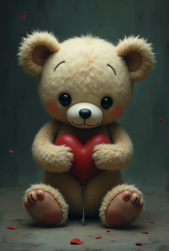 Sad teddy bear with a thorn stuck in his heart