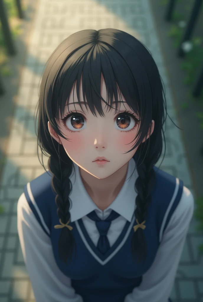 Asian teenage girl looking up with top perspective, with two long braids, dressed as a schoolgirl from the front, from afar, Further, where you can see your feet, Further Further