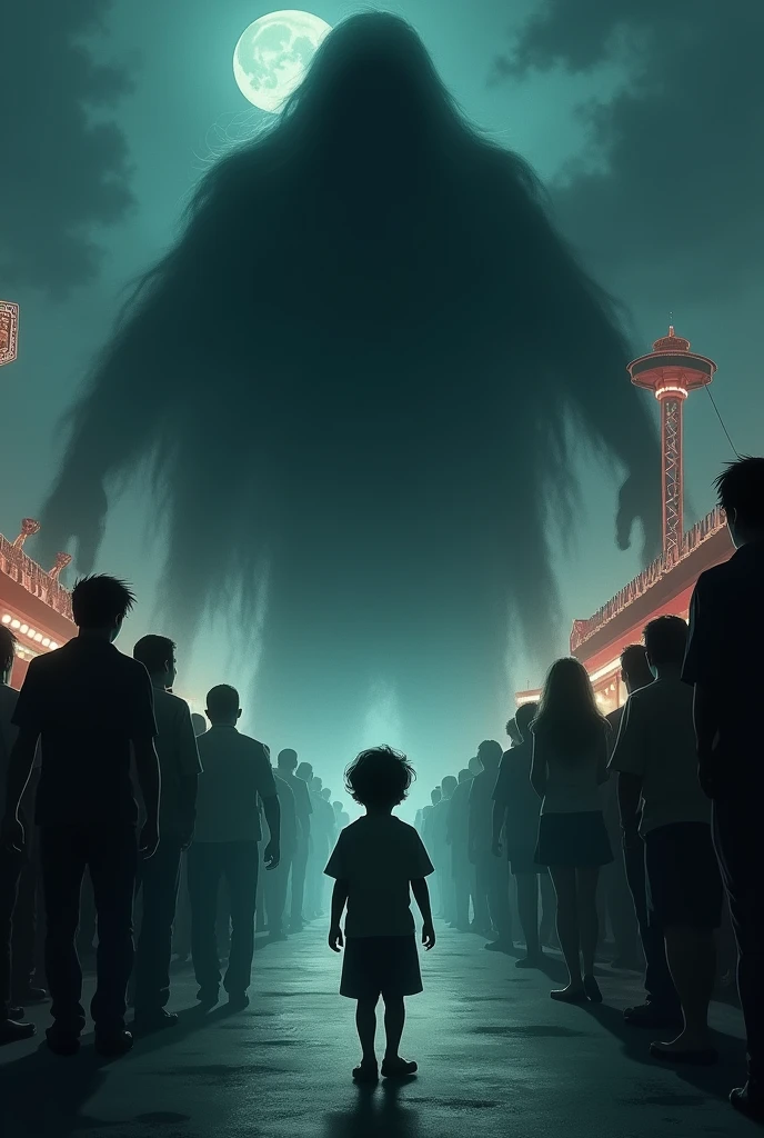 a dark evil shadow staring into a little boy's face as he waits in line at an amusement park, nightmare