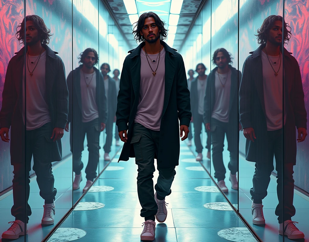 create a cover for an album where I appear as a 2 young man of 1.85 tall with dark skin and long wavy hair a little below the shoulders wearing loose clothing walking down a hallway full of psychedelic mirrors with her same reflection but with different facial expressions, Detailed clothing wearing cargo pants and a black coat, Nike shoes and a small earring.