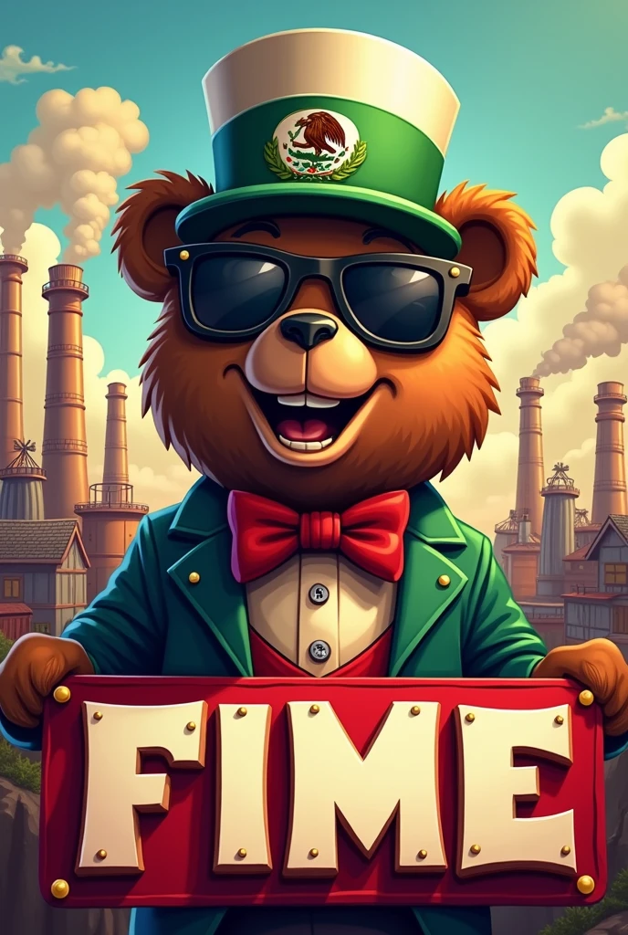 Active Member Recruitment Banner, uncle sam, uncle sam mexicano, must be a brown bear with cool sunglasses, and green cap, There must be factories behind it, that says FIME
