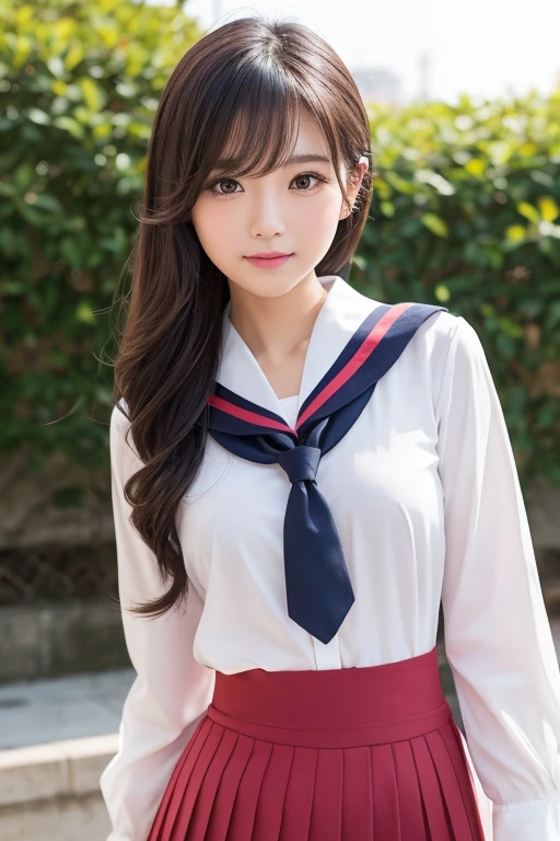 gender: Female
Age:
height: 158cm
Body type: Slim and slender
Skin color: Bright pink hair color: Black Hair Length: Long hair to the chest
Hairstyle: Straight hair
Bangs: Blunt and eye-length
Face shape: Oval forehead width: Medium eyebrow shape: Slender and slightly arched
Eyebrow color: Eye pupil shape: big、Slightly round
Eye color: Dark brown
Eyelash length: Long and curled
Eyelash color: Black
Nose shape: smallて上向き
鼻の高さ: Low
Mouth shape: small、Lip line is neat
Lip color: Pink
Teeth: smallて整った白い歯
顎の形: Sharp ear shape: small、Slightly rounded
Earlobe: smallて薄い
ホクロ: Large mole under left eye Facial features: Fluffy cheeks
Skin texture: Shiny smooth skin
Skin condition: Natural without makeup
Facial expression: Smiling and bright
Eye opening: bigぱっちり開いている
頬の赤み: Natural cheek effect
Jaw line: Sharp and small chin
Pupil sparkle: Sparkling
Cheek line: Soft and rounded
Neck thickness: Thin、Delicate
Hand size: small、Long fingers
Nail shape: small丸い
爪の色: Natural breast size:とてもbig目立つ
腕の太さ: Thin
Leg length: heightに対してやや長め
脚の太さ: Thinて引き締まっている
肩の幅: Slightly narrow
Collarbone: Conspicuous
Waist line: Thinてなだらか
姿勢: Running with your back straight: Light and rhythmic
Facial angle: Front Sailor uniform features Sailor uniform colors: White ribbon color: Bright red ribbon
Ribbon shape: Simple shape tied short
Ribbon size: Small and understated
Sleeve shape: Short and slim skirt shape: Pleated skirt
Skirt color: Navy blue
Skirt length: About 20cm above the knee Sock color: White
Sock length: Crew socks to below the knee
Shoe color: Black
Shoe shape: Loafers
Tie shape: Wrapped under the sailor collar
Tie color: Red
Skirt fit: Fit snugly at the waist
Number of collar lines: 1Line sailor suit fabric: A mix of cotton and polyester. A variety of facial expressions and poses.: Shy smile, direction of gaze: Slightly upper right
Hand movement: Body position when touching the chest: Front shoulder height: Natural height、The detail of a relaxed facial expression: A smile that exudes kindness
