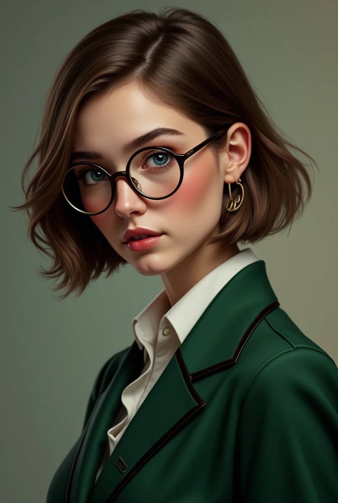 A with short brown bob hair, blue eyes, glasses, pretty face, fair skin, Slytherin house, good figure.