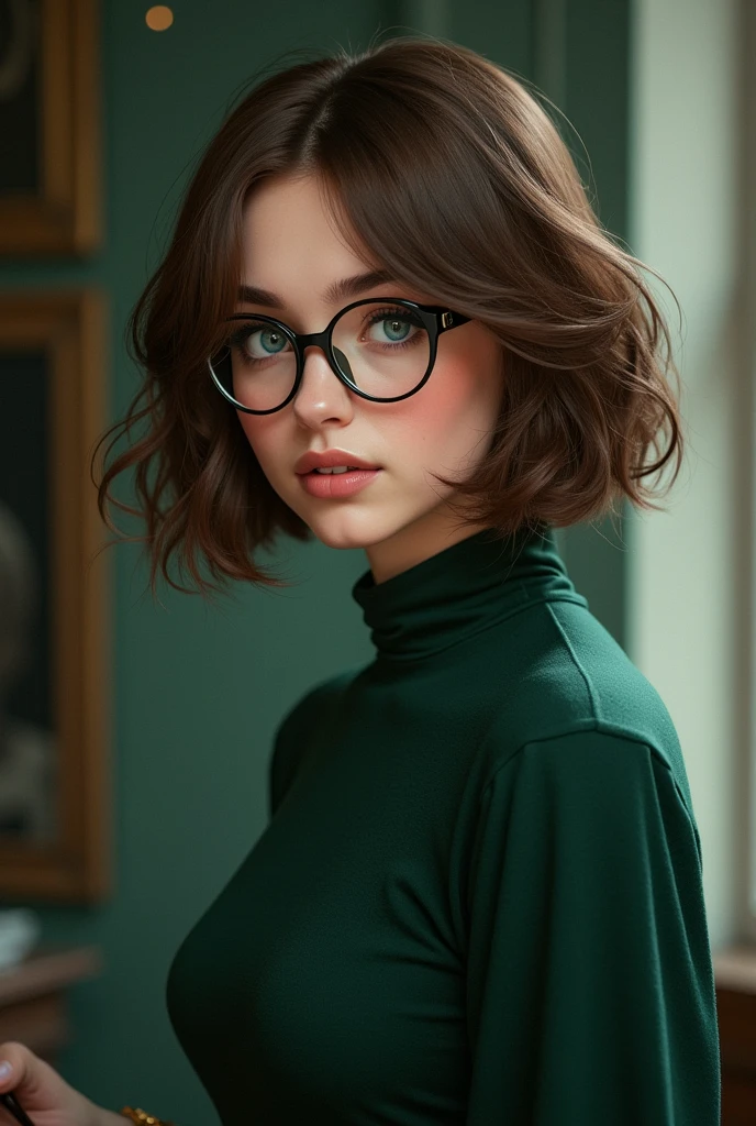 A  with short brown bob hair, blue eyes, glasses, pretty face, fair skin, Slytherin house, good figure.