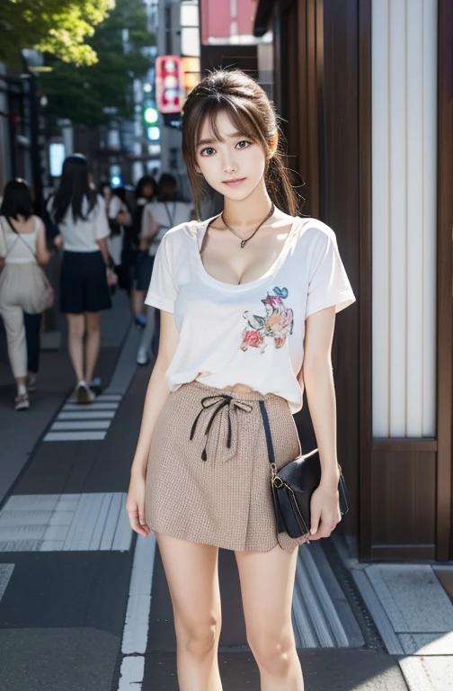 最高qualityのディテール:1.2, Realistic, 8K Ultra HD, High resolution, One Girl:1.2, The 超detailedな, 高qualityのテクスチャ, Intricate details, detailed, 非常にdetailedなCG, 高qualityの影, detailed 美しく繊細な顔, detailed 美しく繊細な目, Depth of written boundary, Ray Tracing, 20th Generation, Cute K-Pop Girls, The Face of Ulzan in Korea:1.1, Narrow Face, Urzan-6500-v1.1:0.6, Pure Eros Face_v1, Glow Eyes, cheek, Glossy Lips, Perfect body, choker、Cleavage、 Brown Hair、ponytail:1.1, street, particle, View the viewer, Photorealistic:1.4, 超detailedな, Photo Real, 4K 8K Ultra HD Full Color RAW Photos, Fujifilm(Medium format:1.2), Hasselblad:1.2, Carl Zeiss:1.1, Incredible dynamic range photography(utility_art:Smoose-768:1.1), High resolution, High pixel count, 明確なdetailed, Clear images, Natural color reproduction, Noise Reduction, High fidelity, quality, Software Improvements, Upscaling, Optimized Algorithms, Professional-level retouching、((Shibuya Ward, Tokyo))、On the way to shopping、((Stylish and Design-Forward Clothing))、Graphic T-shirts: artとロゴ、アニメキャラクターがプリントされたGraphic T-shirtsが流行.、Use for unique styling、((Full body photography))、 information