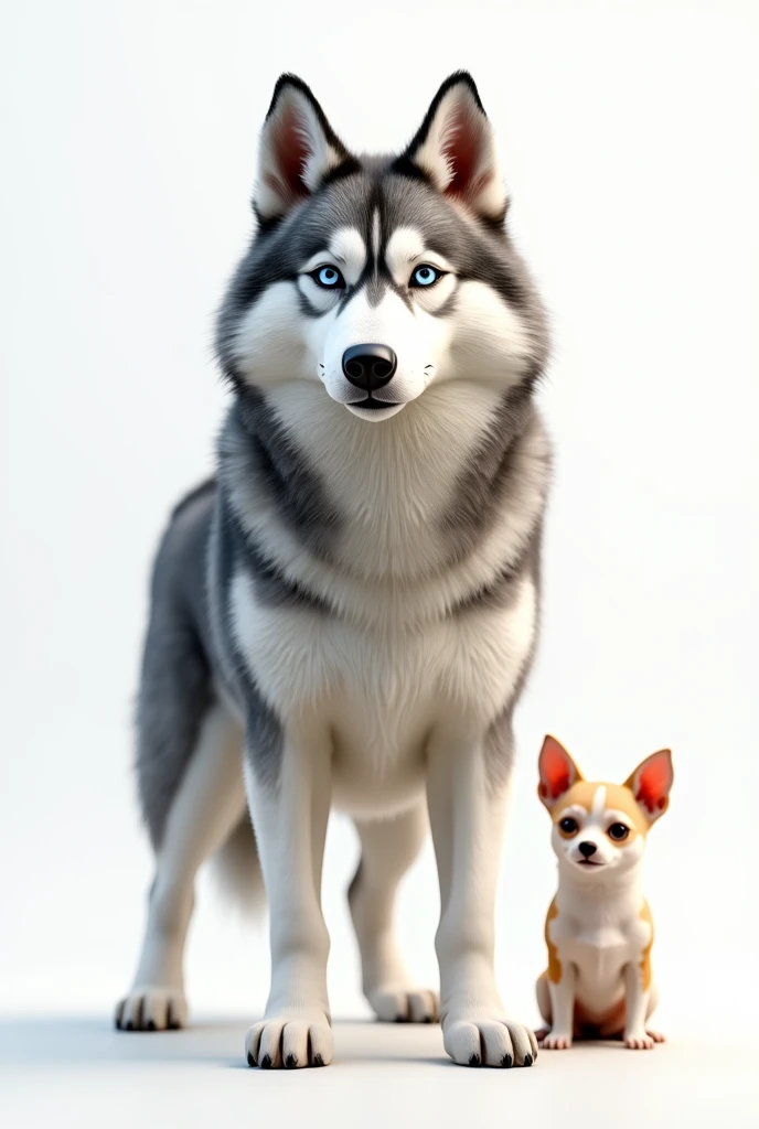 Husky in front of a white Chihuahua with orange spots 
