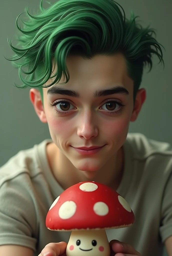 Make a realistic man with green hair and black eyes without a beard, holding a red mushroom with white dots and a smiling face