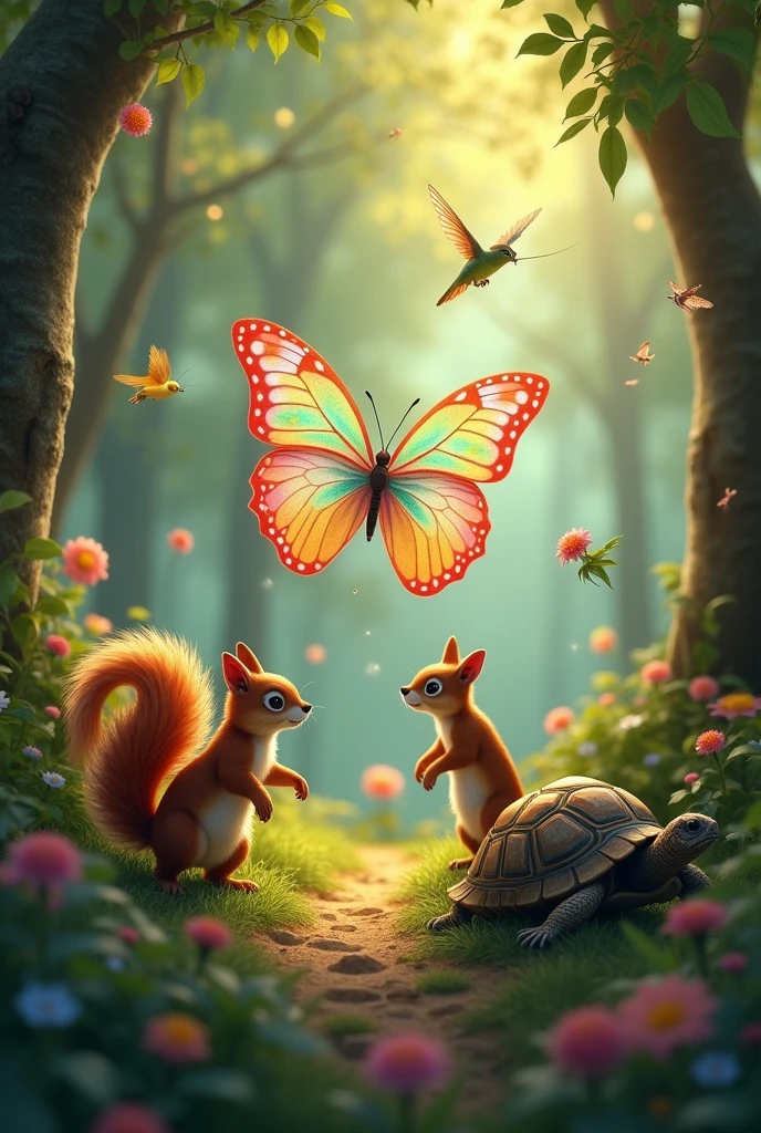 butterfly with her friends the squirrel, Tortoise, fairy tale hummingbird