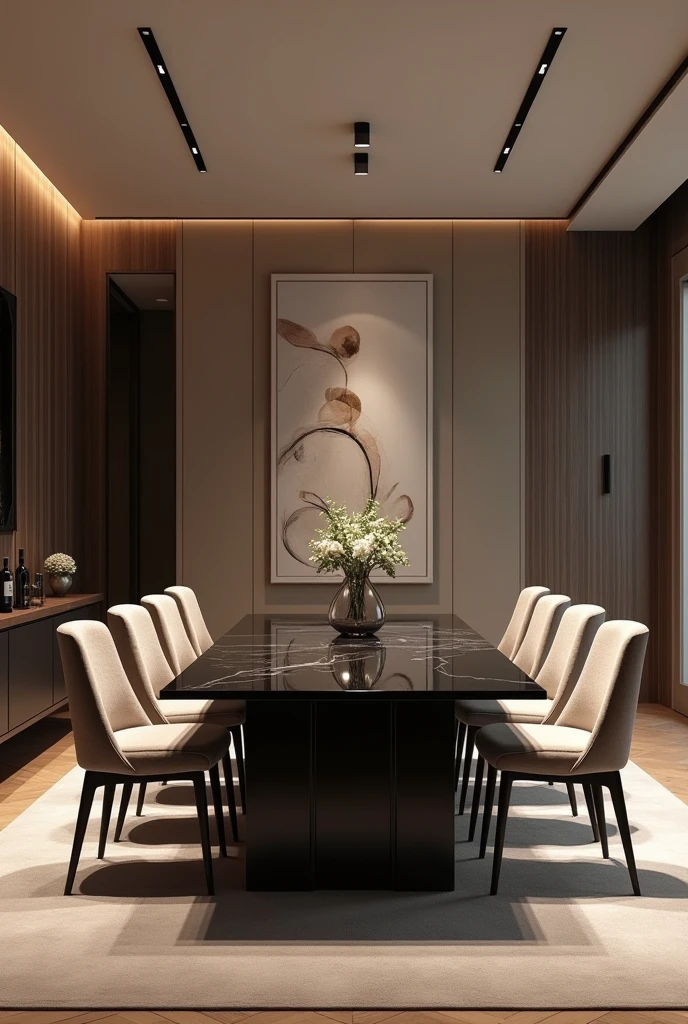Professional 3d architecture rendering design of modern and minimal dining room with dark beige colour modern velvet 8 chairs and black stone marble table modern and modern ceiling lighting and elegant ceiling lighting and dark wooden consulate with and modern ceiling lighting and elegant wall painting and elegant accessories