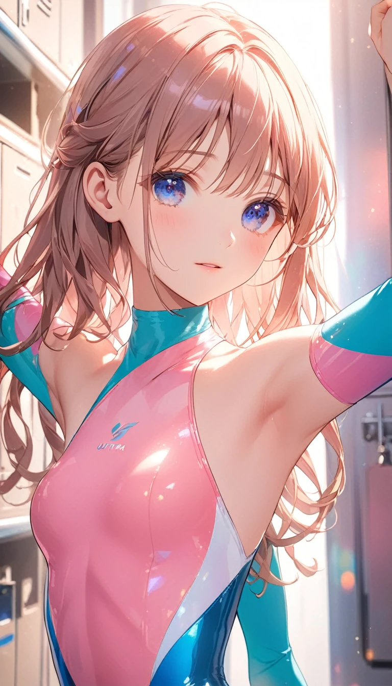 highquality illustration, masterpiece, very delicate and beautiful, attractive girl,((gymnastics leotard,tight-fit
leotard,long sleeve leotard,long sleeve leotard,high leg leotard,athletic leotard)),thin,slender body,slim,high school,gymnasium,gymnastics club,locker room,beautiful eyes,(masterpiece, best quality:1.2), highres, extremely detailed CG unity 8k wallpaper, perfect lighting, Colourful, ultra-high res,4K,ultra-detailed, photography, 8K, HDR, s,cowboy shot,