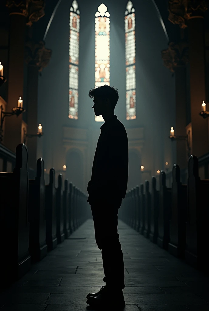 The silhouette of a young man in church