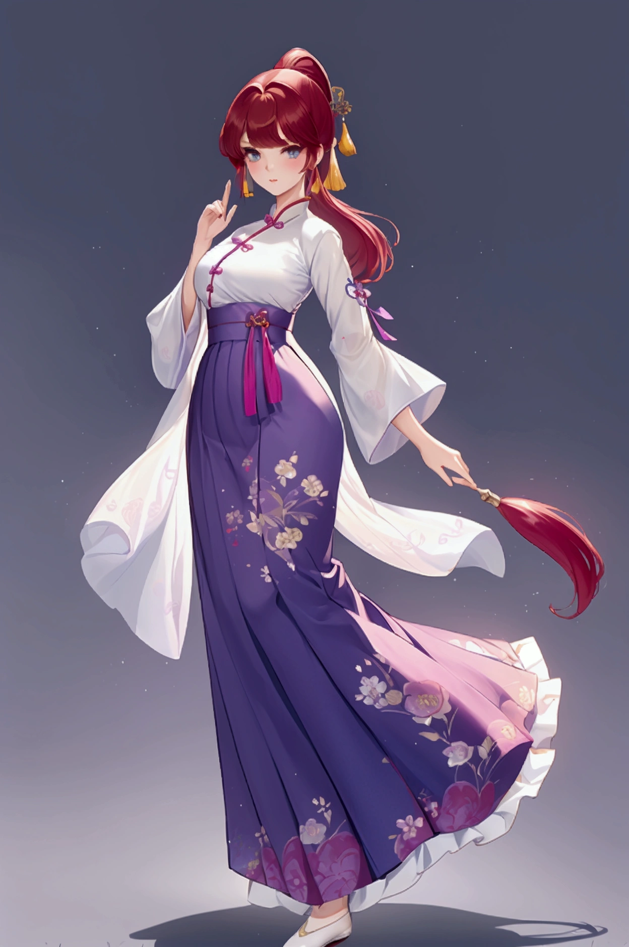 Create Female Ranma, make a girl,Clear contours, Colorful full body photos, (Beautiful and delicate eyes), (pretty face:1.3), childish face, Short red hair，Configure single ponytail, (Bangs), bumpy Bangs, blue gray eyes, big eyes，Plump breasts，(Clothes Chinese Hanfu)(Horse-faced long skirt)Top: fitted white shirt(fine lace),Bottom light purple chiffon wide-legged high-waisted loose and elegant nine-point pleated long skirt(Practical:1.2),(Floral Print),   (The actual upper and lower body clothes are:3.7 scale)，Face the camera head-on，One foot is slightly bent against the calf of the other leg。