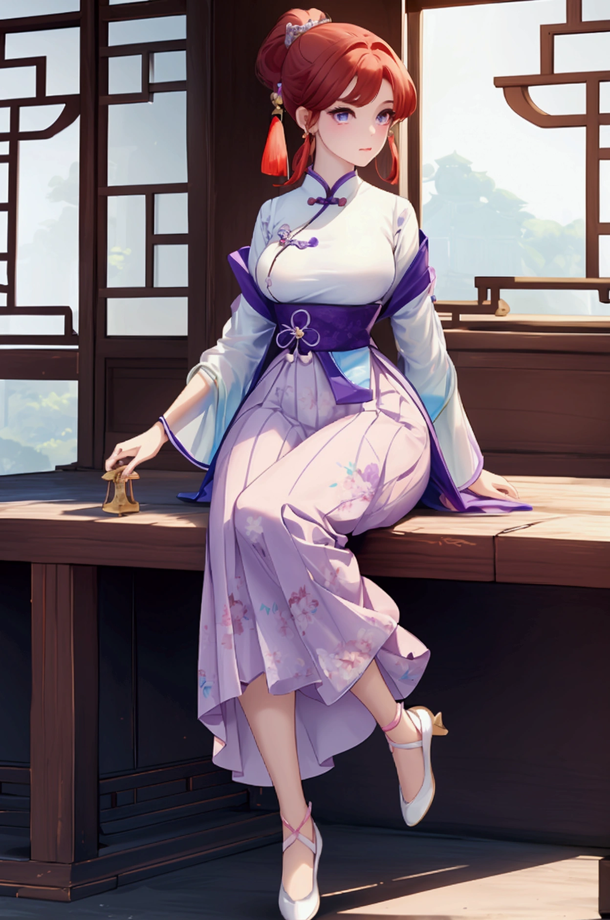 Create Female Ranma, make a girl,Clear contours, Colorful full body photos, (Beautiful and delicate eyes), (pretty face:1.3), childish face, Short red hair，Configure single ponytail, (Bangs), bumpy Bangs, blue gray eyes, big eyes，Plump breasts，(Clothes Chinese Hanfu)(Horse-faced long skirt)Top: fitted white shirt(fine lace),Bottom light purple chiffon wide-legged high-waisted loose and elegant nine-point pleated long skirt(Practical:1.2),(Floral Print),   (The actual upper and lower body clothes are:3.7 scale)，Face the camera head-on，One foot is slightly bent against the calf of the other leg。