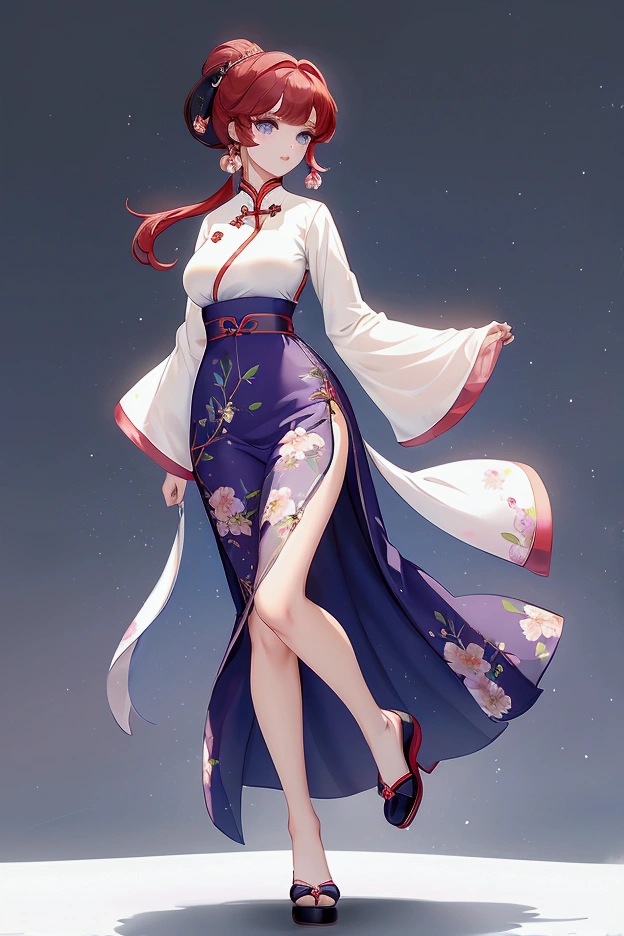 Create Female Ranma, make a girl,Clear contours, Colorful full body photos, (Beautiful and delicate eyes), (pretty face:1.3), childish face, Short red hair，Configure single ponytail, (Bangs), bumpy Bangs, blue gray eyes, big eyes，Plump breasts，(Clothes Chinese Hanfu)(Horse-faced long skirt)Top: fitted white shirt(fine lace),Bottom light purple chiffon wide-legged high-waisted loose and elegant nine-point pleated long skirt(Practical:1.2),(Floral Print),   (The actual upper and lower body clothes are:3.7 scale)，Face the camera head-on，One foot is slightly bent against the calf of the other leg。
