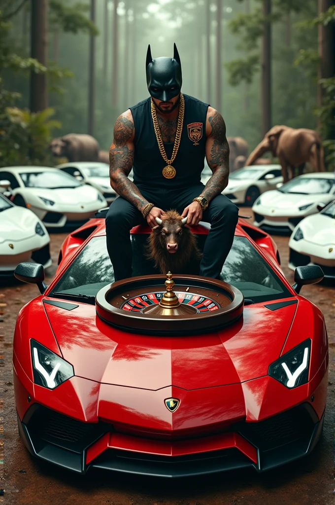 a tattooed man , with gold chain, Rolex, Batman Mask, vest with roller lettering, she on top of a red Lamborghini, with a small bull roulette on top of the car, playing roulette,several white Lamborghinis around , in a circle and the red Lamborghini in the middle in an environment with several animals in the middle of the jungle
