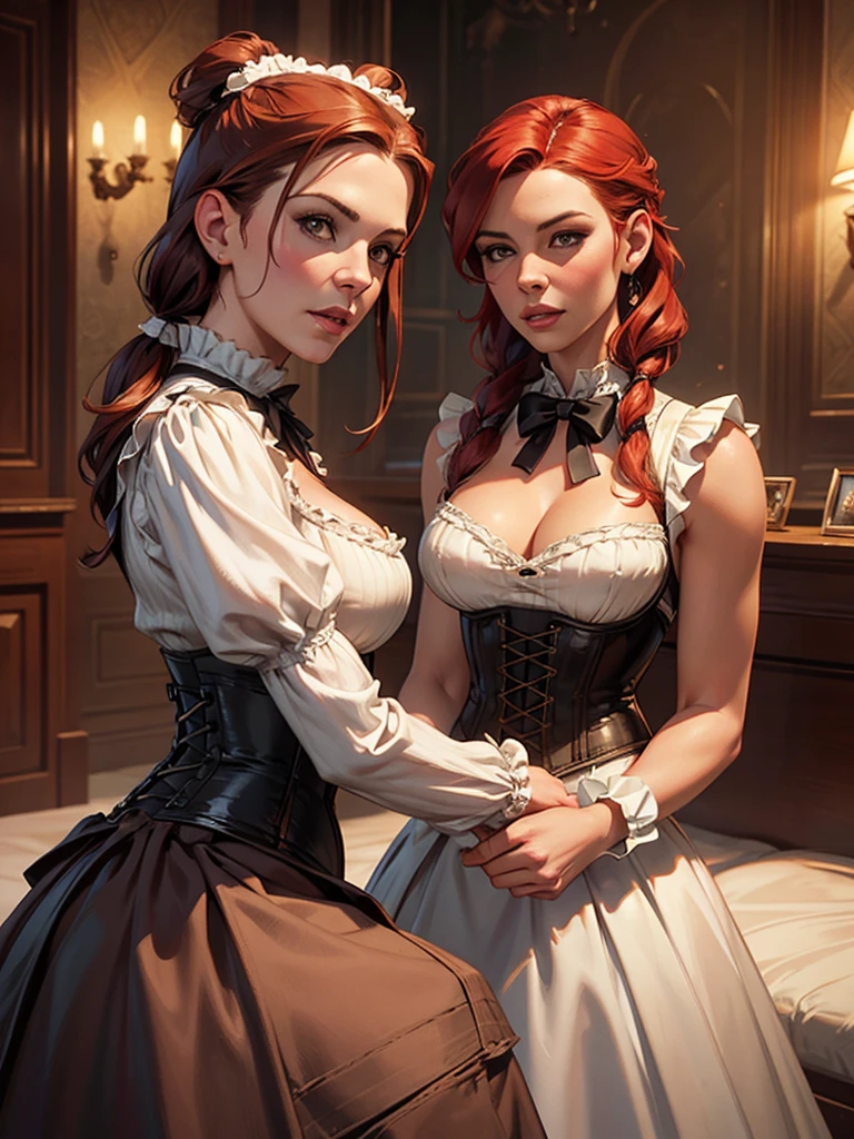 beautiful detailed Kate Beckinsale, busty, wearing a corset, frilly Victorian skirt, lace bodice, redhead with braided pigtails, intricate details, photorealistic, cinematic lighting, highly detailed, 8k, masterpiece, digital art