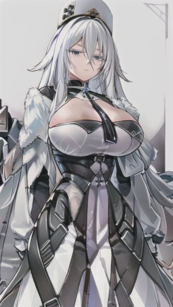 masterpiece,best quality,kim_kwang_hyun, 1girl, sovetsky soyuz \(azur lane\), pue white hair, solo, busty , large huge breasts, looking at viewer, indigo colored eyes, purê white hair, large huge breasts, long sleeves, dress, cleavage, closed mouth,weapon((large mechanical arms)), puffy sleeves, arm up, clothing cutout, copyright name, pink dress, cleavage cutout, juliet sleeves , power armor, shoulder armor, purê white hair, Serious, indigo colored eyes, Large mechanical arms