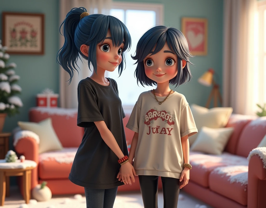 "A girl with short black hair, wearing an oversized band shirt and black pants." Wearing a bracelet, she poses playfully next to her blue-haired sister in a black dress in a room decorated in a snowy style., My elder sister is taller., You look happy., front camera, Realistic 1.4, 3d