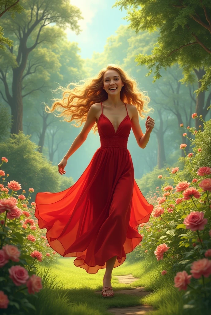 A happy woman with long haïr who runs in a large garden wear a long red dress.