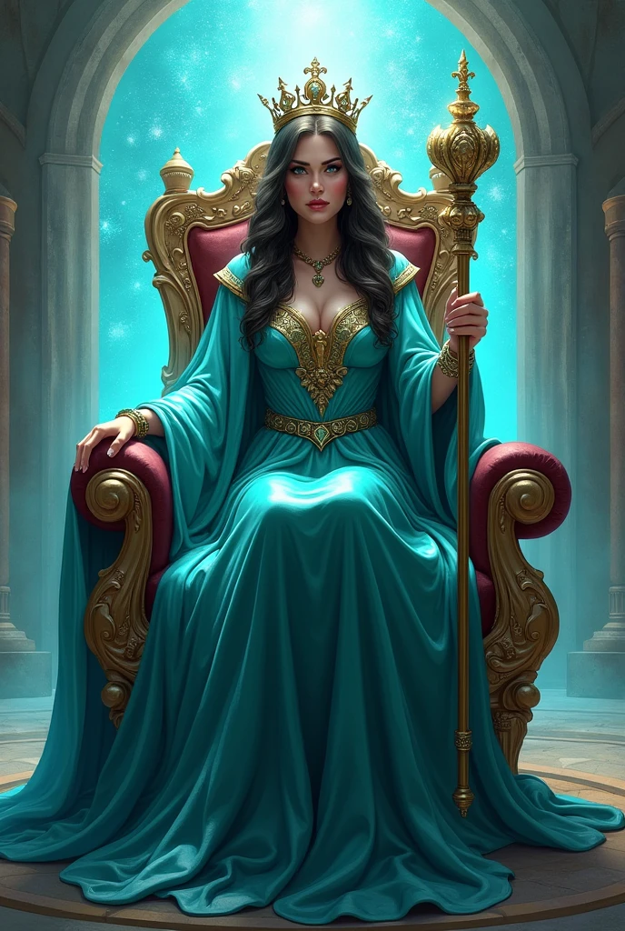 a woman dressed as a sorceress, long turquoise blue robe. with a setro in her hand, with her crown on her head, perched on a beautiful throne, behind her she has a portal open to another dimension.