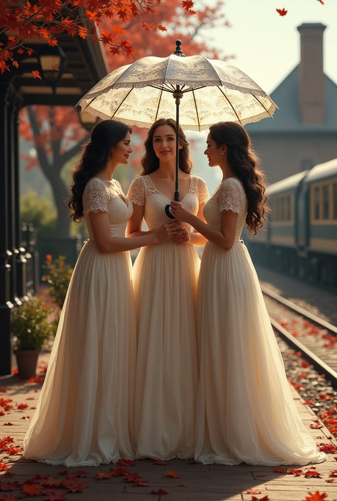a 3 adult girl, black hair, wearing a long Dutch noni dress like flowing water, wearing beautiful lace with lace umbrella sleeves wearing shoes, while at the train station, a classic and antique heritage from England, there is a thick chimney, while holding an umbrella with a lacy pattern, there are trees around it with red fallen leaves, and many are scattered on the ground or floor while smiling