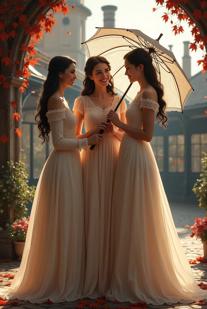a 3 adult girl, black hair, wearing a long Dutch noni dress like flowing water, wearing beautiful lace with lace umbrella sleeves wearing shoes, while at the train station, a classic and antique heritage from England, there is a thick chimney, while holding an umbrella with a lacy pattern, there are trees around it with red fallen leaves, and many are scattered on the ground or floor while smiling