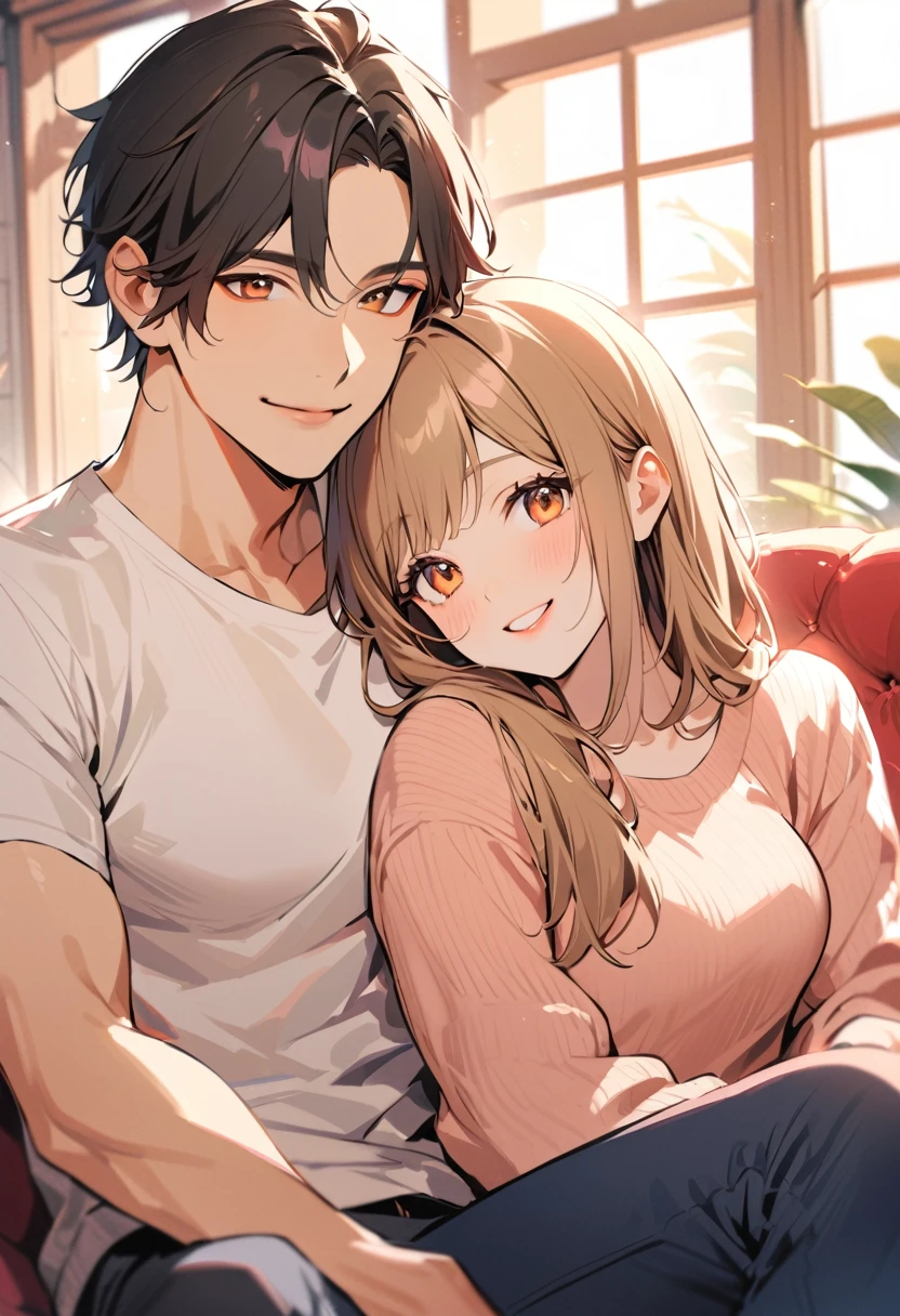 A man and woman sitting next to each other,smile, Men have short black hair,Brown eyes,Beige lips, wear white T-shirt, The woman has long brown hair,Orange Eyes, pink lips,Brick-colored knit,Blue sofa,,Happy atmosphere