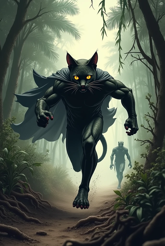  Catman Starts to Run**
- Scene: Jungle path with branches and roots protruding.
- Character: Catman running fast, his cloak flowing behind him, eyes wide with panic. His claws are out, ready to defend himself.
- Action: Dashing through the jungle, looking back at the approaching zombie.