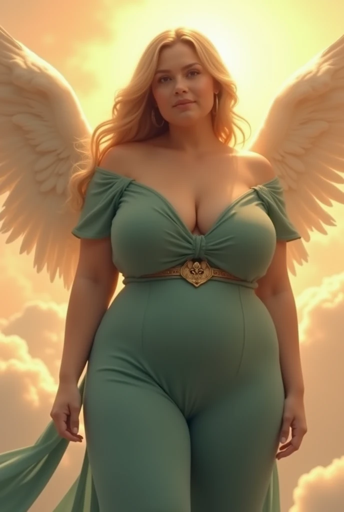 Beautiful, Double cheeked up, Big breasted, Female Guardian Angel with closed up green shirt and Blue pants.