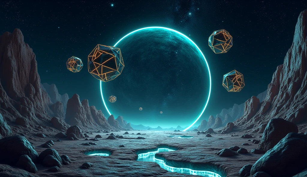 A cinematic shot of an otherworldly alien landscape where ancient ruins crafted from intricate 3D geometrical shapes stand as silent sentinels of a long-forgotten civilization. In the center of the scene there is a circular glass that you can see cosmos inside. Floating geometrical 3D shapes from opal and black marble with mechanical parts on them levitating right above ground creating a mysterious vibe on the scene, glowing neon lights emerging from ground rocks illuminate the dark atmosphere. It's night time and the sky is pitch black with millions of stars and distant planets making visible the deep space. Realistic, hyperrealism, high resolution, extreme quality, volumetric lighting, extreme details, sharp details, 4k hdr