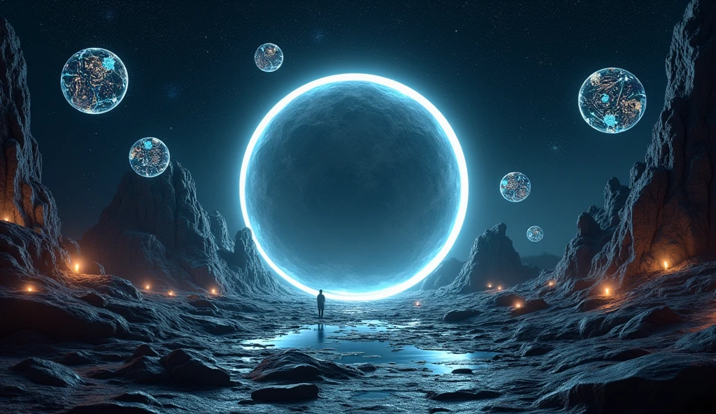 A cinematic shot of an otherworldly alien landscape where ancient ruins crafted from intricate 3D geometrical shapes stand as silent sentinels of a long-forgotten civilization. In the center of the scene there is a circular glass that you can see cosmos inside. Floating geometrical 3D shapes from opal and black marble with mechanical parts on them levitating right above ground creating a mysterious vibe on the scene, glowing neon lights emerging from ground rocks illuminate the dark atmosphere. It's night time and the sky is pitch black with millions of stars and distant planets making visible the deep space. Realistic, hyperrealism, high resolution, extreme quality, volumetric lighting, extreme details, sharp details, 4k hdr