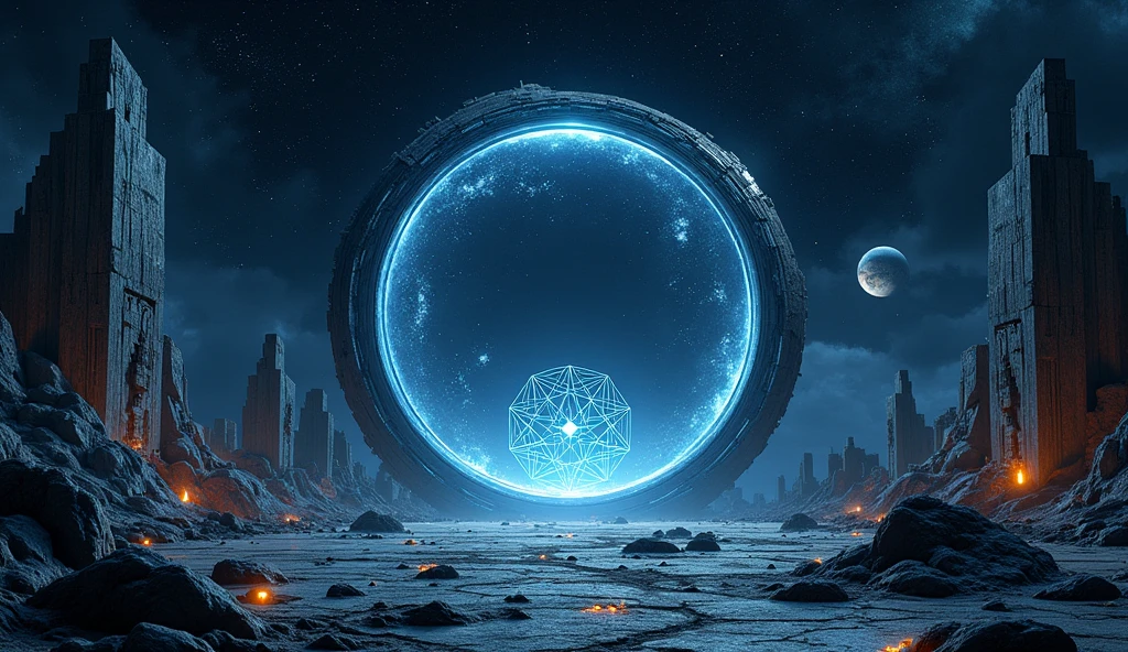 A cinematic shot of an otherworldly alien landscape where ancient ruins crafted from intricate 3D geometrical shapes stand as silent sentinels of a long-forgotten civilization. In the center of the scene there is a circular glass that you can see cosmos inside. Floating geometrical 3D shapes from opal and black marble with mechanical parts on them levitating right above ground creating a mysterious vibe on the scene, glowing neon lights emerging from ground rocks illuminate the dark atmosphere. It's night time and the sky is pitch black with millions of stars and distant planets making visible the deep space. Realistic, hyperrealism, high resolution, extreme quality, volumetric lighting, extreme details, sharp details, 4k hdr