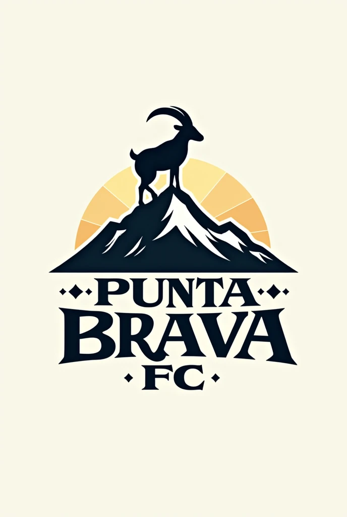 create a logo for a soccer team that says punta brava fc and has a mountain and a goat on top of the mountain