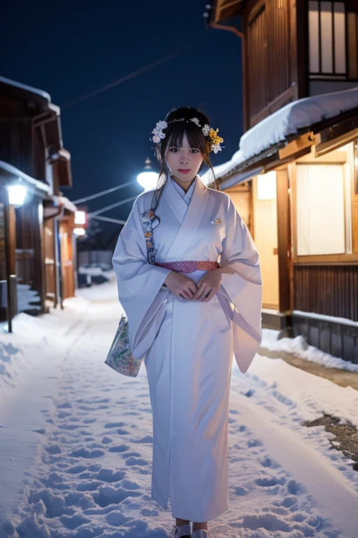 female、White kimono、snow、night