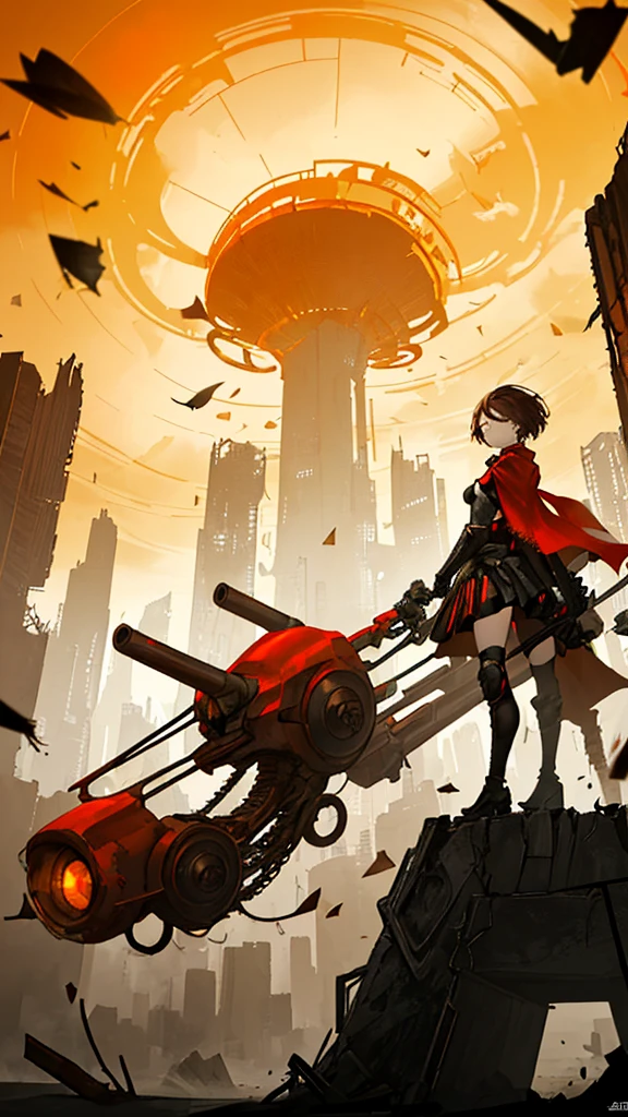 Create an image of a young woman with short brown hair, wearing a red cape and gloves, standing next to a futuristic bicycle. The scene is set in a post-apocalyptic urban environment, filled with swirling yellow and orange hues that resemble leaves or debris being blown by the wind. The sky is a bright yellow, indicating a dramatic and surreal atmosphere. In the background, there are hints of city ruins and abstract shapes, emphasizing a sense of chaos and movement. The overall style should be dynamic and artistic, with a focus on the contrast between the character and the vibrant, chaotic background.