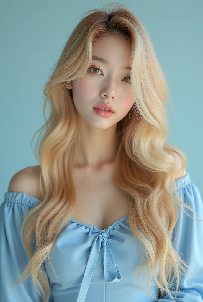 Create an image of a kpop idol with long blonde hair dressed in light blue