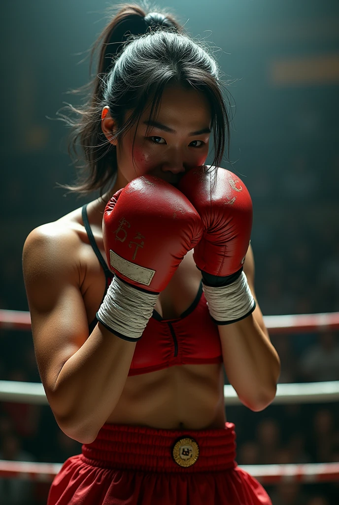 a beautifull Japanese female kick boxer vomiting in the ring, athletic body, sweaty