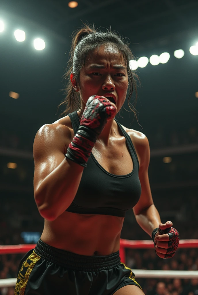 a beautifull Japanese female kick boxer vomiting in the ring, athletic body, sweaty