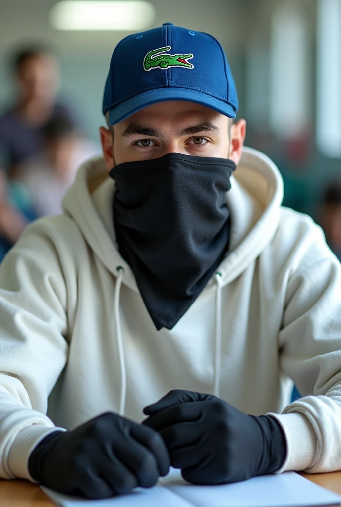 Realistic selfie of a young man sitting on chair and school desk, all white sweatshirt coat up to the head, jeans, wearing black cold weather gloves, Lacoste brand blue curved brim cap. The young man is looking sideways. With a black bandana on his face. shaven hair.