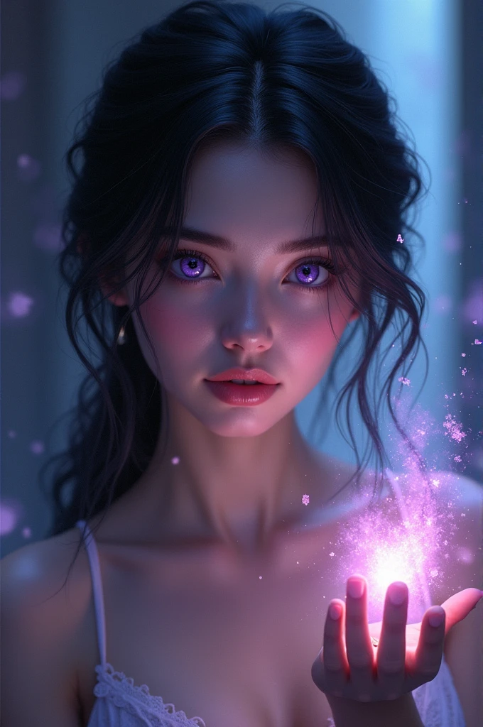 “A beautiful and charming woman with purple eyes, black hair, and magical powers.”