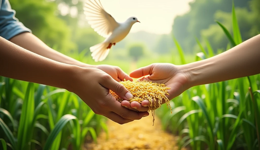 Rice and corn cultivation fund, hands clasped below the image, a dove flying at the top, position the textual phrase "FAITH IN GOD IS LANDED".
