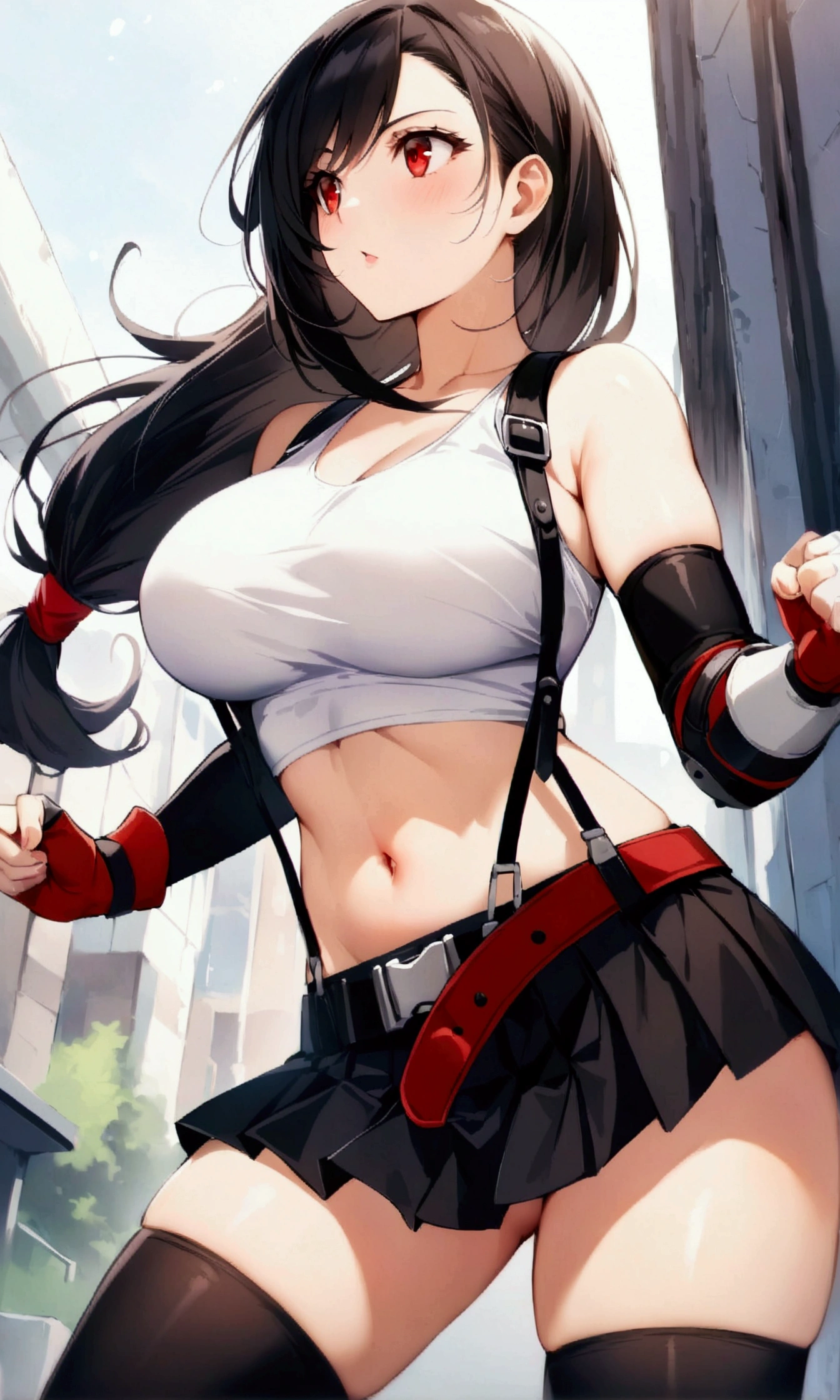 (score_9, score_8_up, score_7_up), BREAK  (masterpeace),(best quality),(aesthetic,very aesthetic),(highly detailed),1girl, tifa lockhart, final fantasy,(beautiful). black hair, low-tied long hair, red eyes, bangs, white tank top, belt, pleated skirt, thighhighs, elbow fingerless gloves, elbow pads, midriff, navel,suspender skirt.zettai ryouiki,large_breasts,gap,Solo,cowboy shot,looking away, vibrant, joyful,outdoor,fighting stance,
