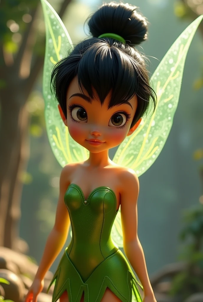 pixar image, Tinkerbell with black hair, eyes black, original green clothes , hair tied up like real hair, cloused mouth, photo by full body