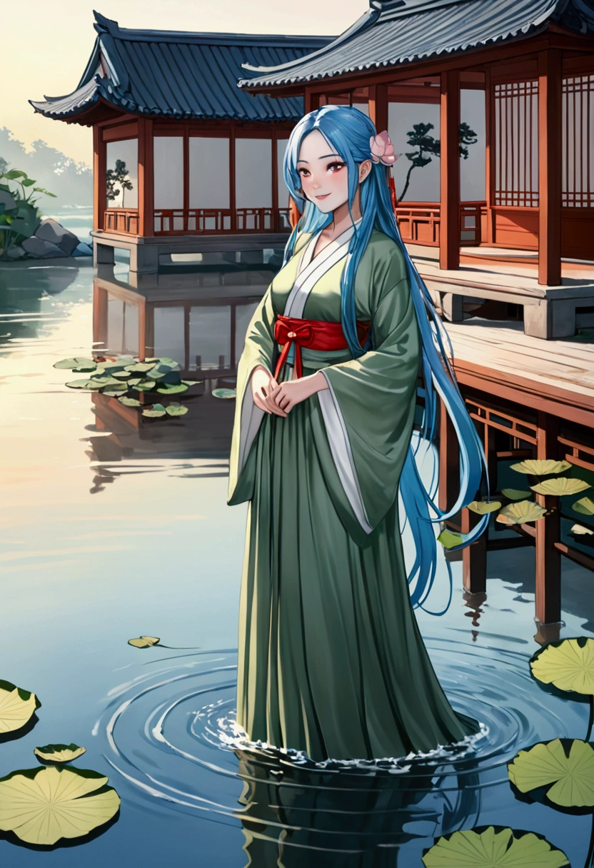 ((4k,masterpiece,best quality)), shuimobysim, traditional chinese ink painting, lotus,  hanfu, maxiskit, dress conservatively
1girl, solo, long blue hair, smile, standing, feet in the water, barefoot,
 