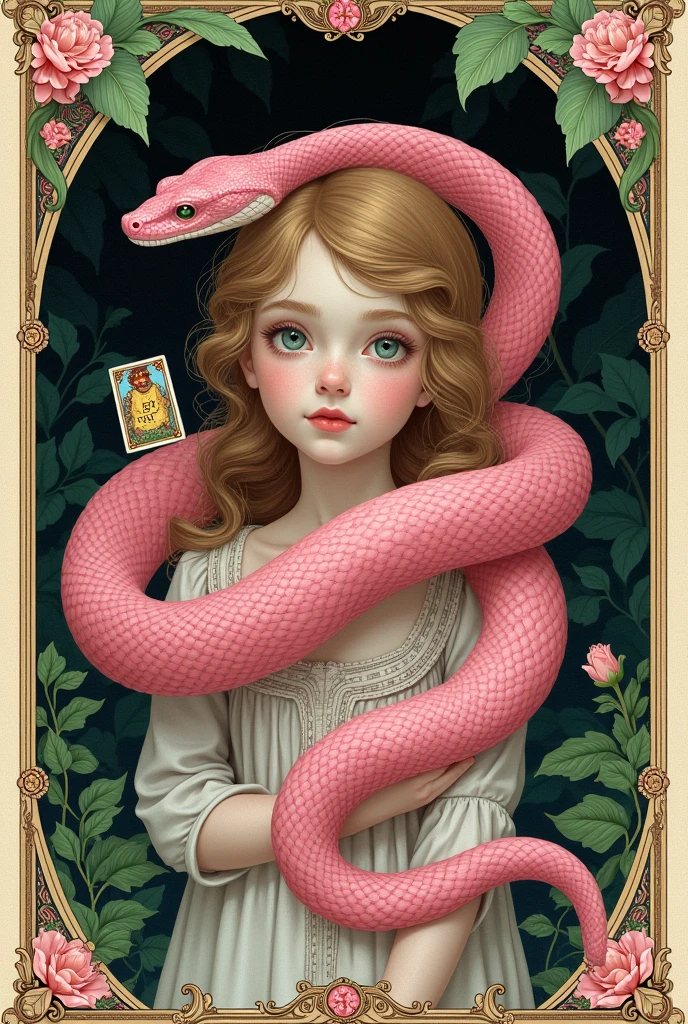 Isotype of a pink snake with a girl and tarot card