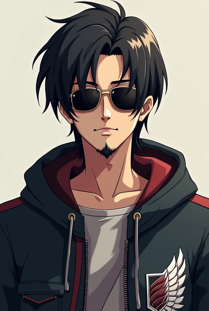 Anime guy with Black Hair light beard wearing sunglasses and Attack on Titan Jacket. Full Body should be visible and he must be front facing. Eyes should not be visible under the Glasses. 