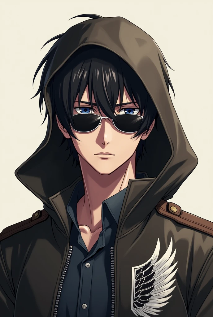 Anime guy with Black Hair light beard wearing sunglasses and Attack on Titan Jacket. Full Body should be visible and he must be front facing. Eyes should not be visible under the Glasses.