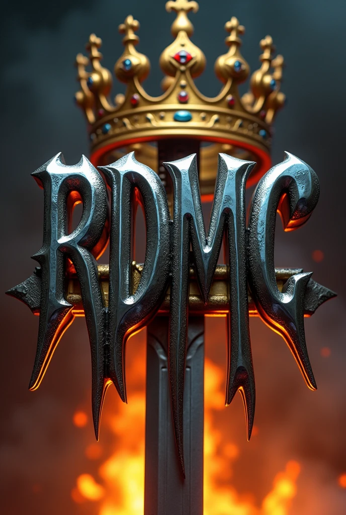 Capital letters ( RDMC ) in shiny chrome metallic texture type catana blades, in scary gothic style, very exaggerated, with reflections of fire, floating in front of a golden king's crown with gems, on a black background with lots of smoke