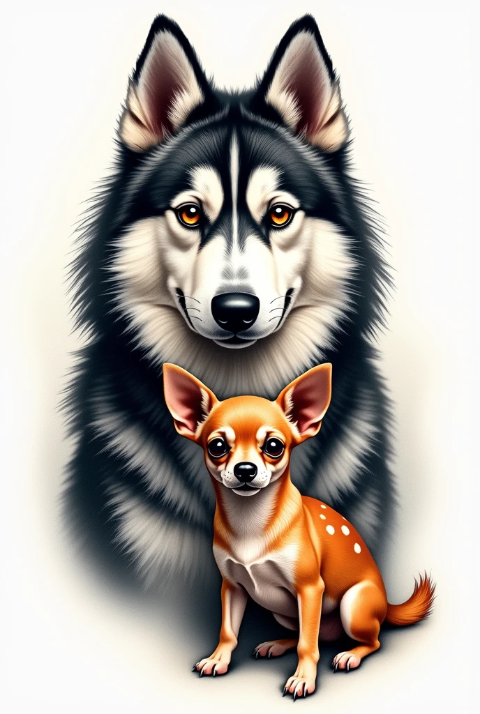 Husky tattoo in front of a white Chihuahua with orange spots 
